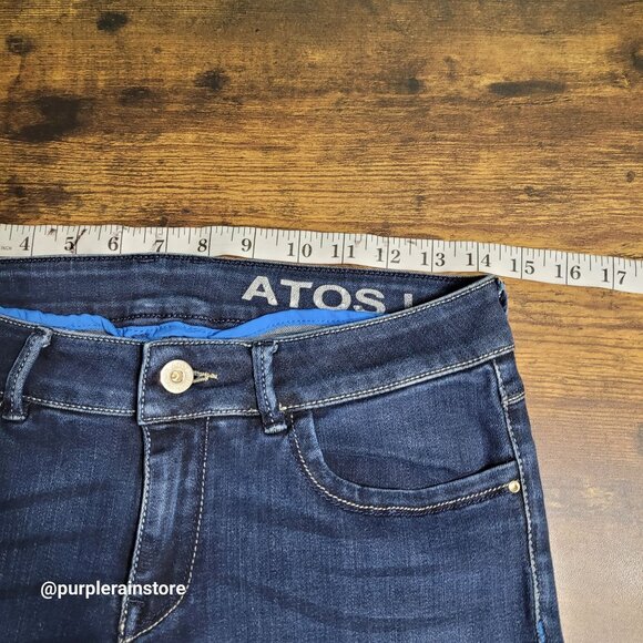 ATOS Lombardini Jeans 28 Skinny Mid Rise Rainbow Spell Out Dark Dark Wash - Picture 6 of 11